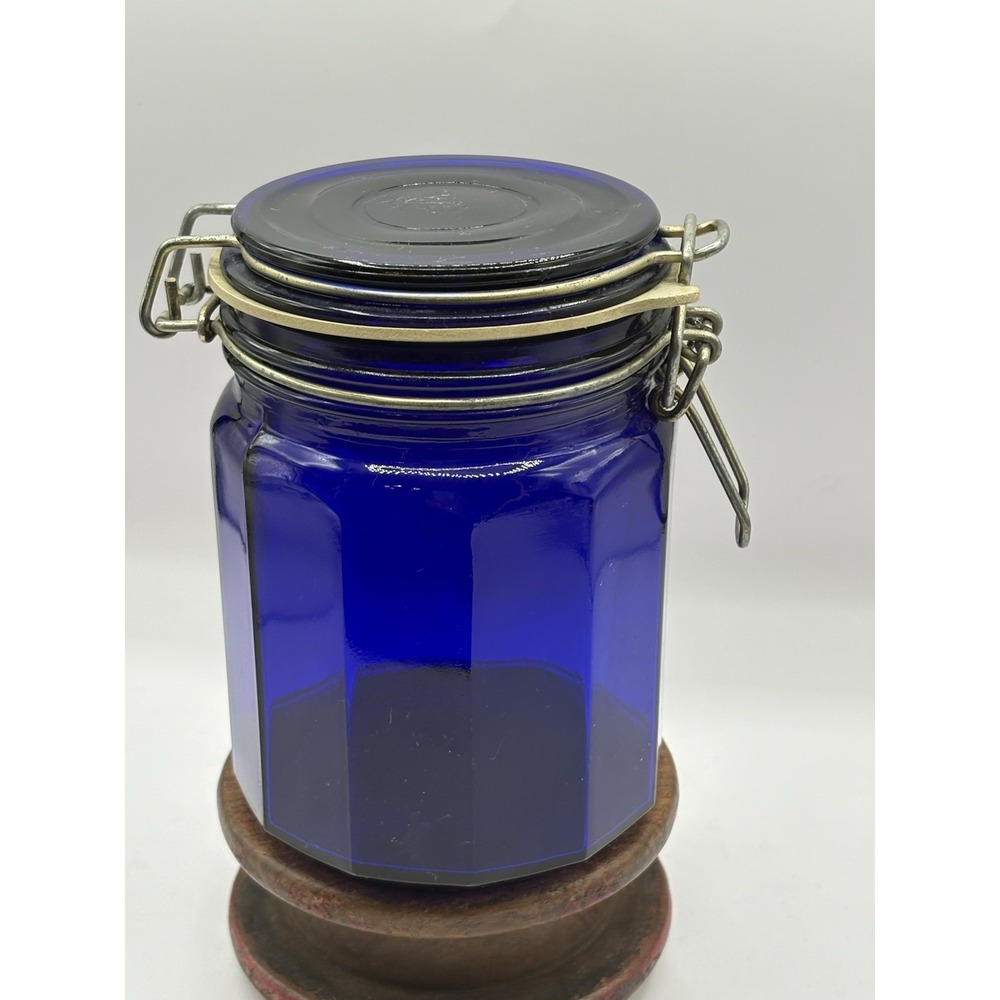 Vintage Cobalt  Blue Glass Storage Jar Wire Bale Gasket Lid 5.5" Tall